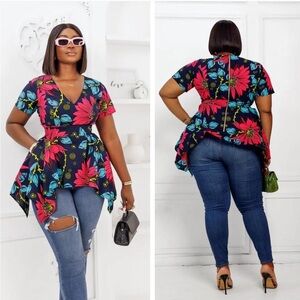 Mae Otti African Print V-Neck Top Medium Bold Floral Ankara Asymmetric Hem